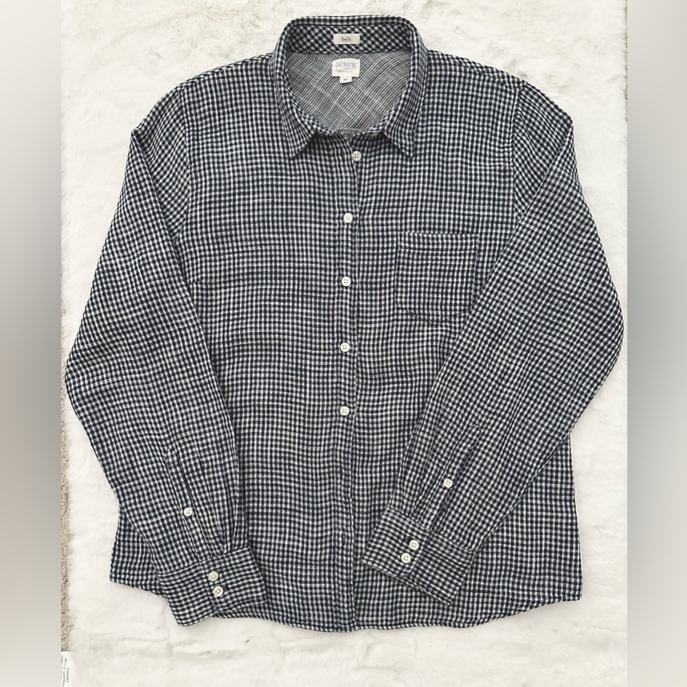 J Crew Women’s Navy Gingham Long Sleeve Boy Fit Shirt Size XL